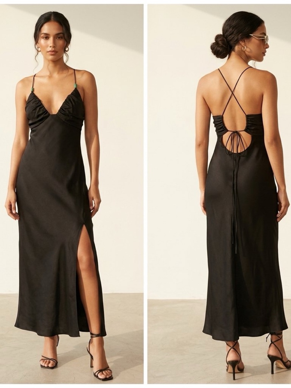 Zara Black Linen Blend Strappy Cross Back Coquette Midi Dress with Slit Size S